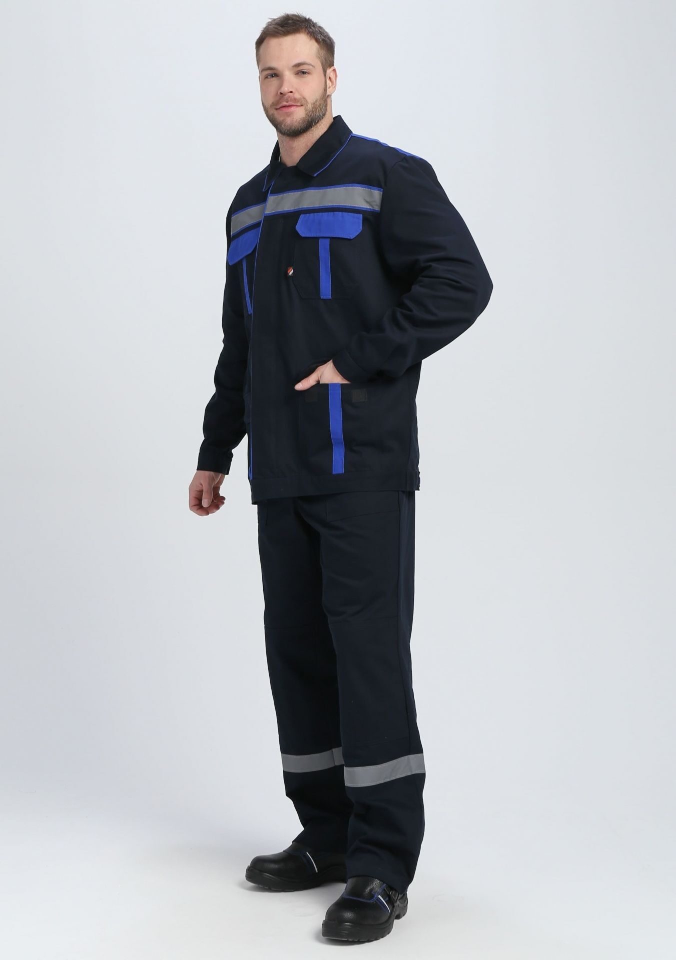 Костюм ИТР СОП IMP (тк.Саржа,250), куртка и полукомбинезон, т/синий с васильковой отделкой