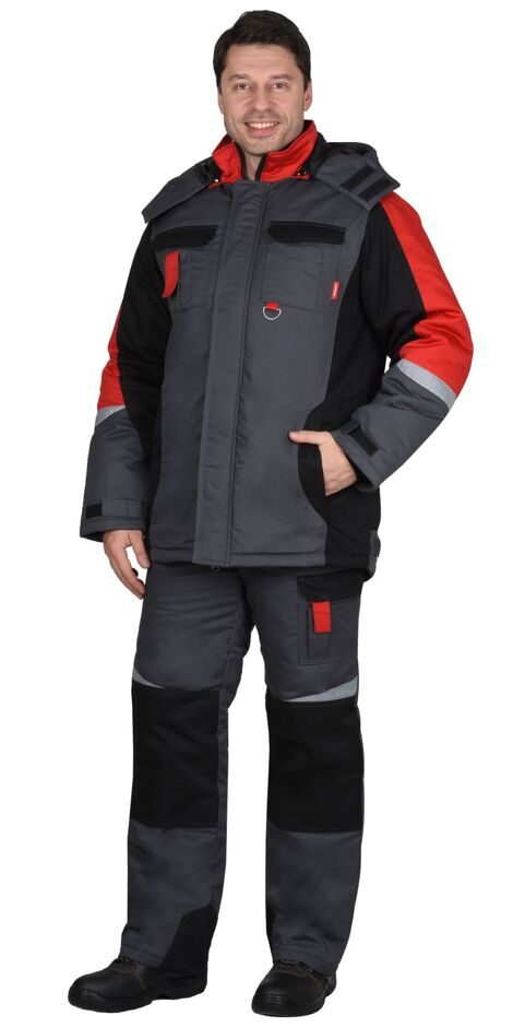 Костюм "Фаворит-МЕГА" зимний, удлиненная куртка и полукомбинезон, темно-серый с черной и красной отделкой