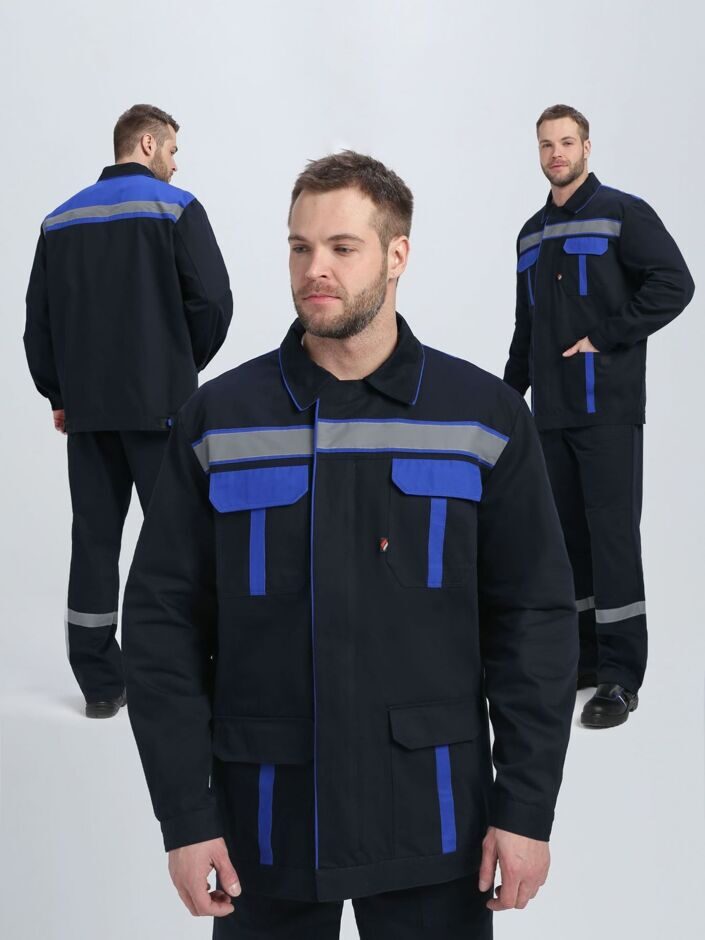 Костюм ИТР СОП IMP (тк.Саржа,250), куртка и полукомбинезон, т/синий с васильковой отделкой